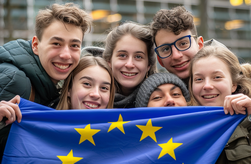 Auf dem Bild sind die Gesichter mehrerer junger Menschen zu sehen, welche eine Europa-Flagge vor sich halten, sodass der Großteil des Körpers verdeckt ist.