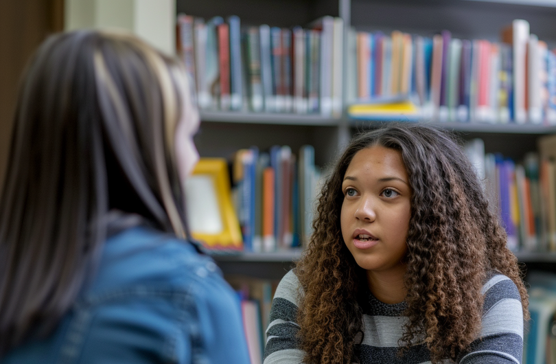 Auf dem Bild sind zwei Personen zu sehen. Eine Schülerin, welche sich momentan in einer Beratung befindet sitzt mit dem Gesicht zur Kamera. Sie schaut dabei zu der ihr gegenüber sitzenden Beraterin, mit welcher sie ein Gespräch führt.