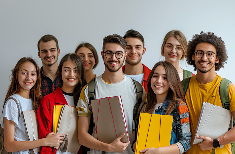 Auf dem Bild posiert eine Gruppe von Schüler*innen für ein Gruppenfoto. Alle halten eine Mappe in der Hand und lächeln in die Kamera.