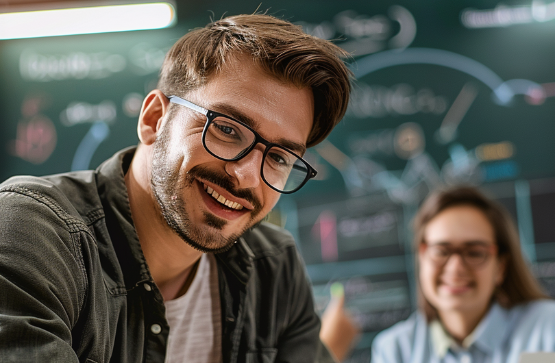 Im Bild ist im Vordergrund ein Mann zu sehen. Im Hintergrund befindet sich eine Frau, welcher vor einer beschriebenen Tafel sitzt.