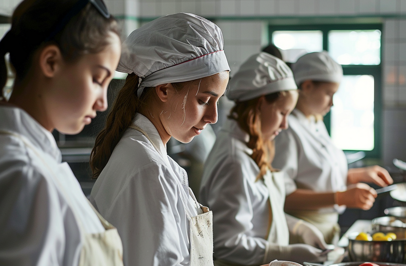 Vier Schülerinnen stehen in der Lehrküche. Die beiden vorderen Schülerinnen bereiten Gemüse zu, während eine dritte Kartoffeln zubereitet und eine weitere etwas anderes in einer Pfanne brät. Alle vier Schülerinnen tragen Küchenkleidung.