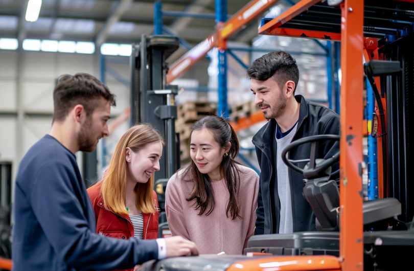 Mehrere Auszubildende stehen an einem Gabelstapler im Lager und besprechen den Ablauf.