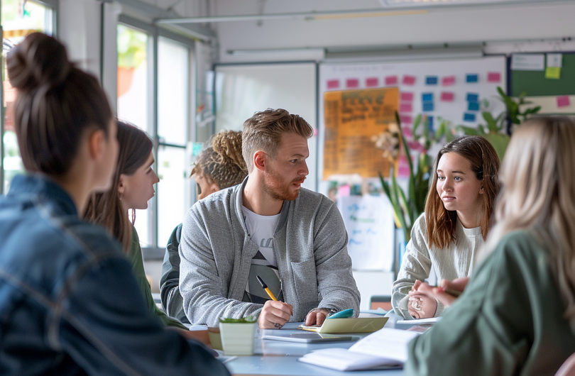 Auf dem Bild sind mehrere Personen zu sehen, welche in einem Klassenzimmer sitzen. Alle sitzen an einem Tisch und haben Notizbücher und Stifte vor sich. Es scheint, als würden sie momentan etwas diskutieren.