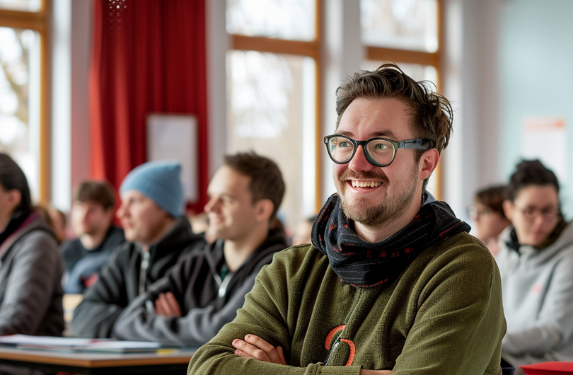 Mehrere Schüler*innen sitzen in einem Klassenraum. Im Vordergrund sitzt ein lächelder Schüler an einem Tisch.