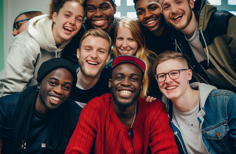 Auf dem Bild sind mehrere Schüler auf einem Gruppenfoto zu sehen. Alle lächeln in die Kamera.