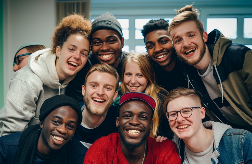 Auf dem Bild sind mehrere Schüler auf einem Gruppenfoto zu sehen. Alle lächeln in die Kamera.