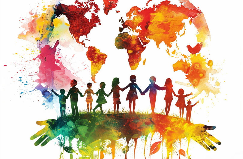 Das Bild zeigt in bunten Farben gezeichnete Personen, welche auf einer angedeuteten Wiese stehen. Im Hintergrund ist eine in ebenfalls bunten Farben gehaltene, jedoch nur angedeutete, Erdkugel zu sehen.