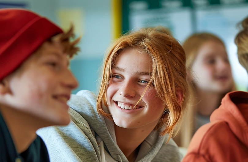 Im Vordergrund des Bildes sind eine Schülerin und ein Schüler zu sehen. Der Schüler schaut in Richtung der Tafel, während die Schülerin zu einem nicht im Bild zu sehenden anderen Schüler schaut. Im Hintergrund sind weitere Schüler*innen zu sehen.