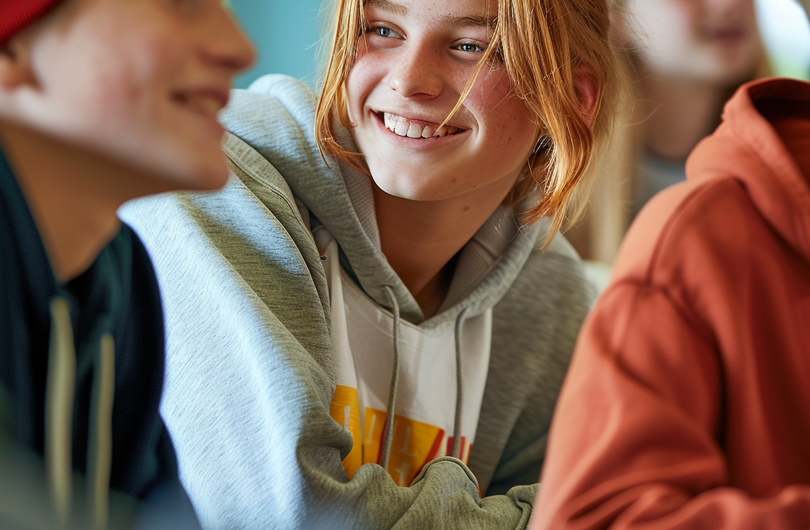 Im Vordergrund des Bildes sind eine Schülerin und ein Schüler zu sehen. Der Schüler schaut in Richtung der Tafel, während die Schülerin zu einem nicht im Bild zu sehenden anderen Schüler schaut. Im Hintergrund sind weitere Schüler*innen zu sehen.