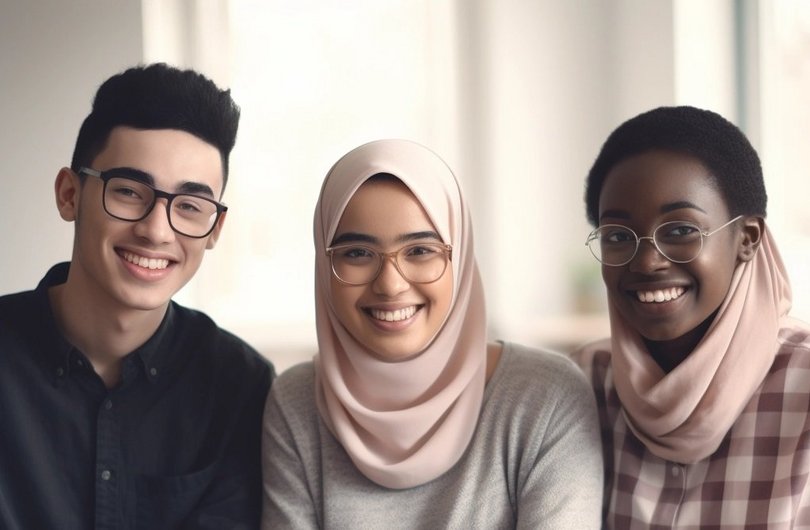 Auf dem Bild sind drei Schüler*innen zu sehen. Sie sitzen an einem Tisch mit Unterlagen, welcher auf dem Bild nicht zu sehen ist. Alle drei lächeln in die Kamera