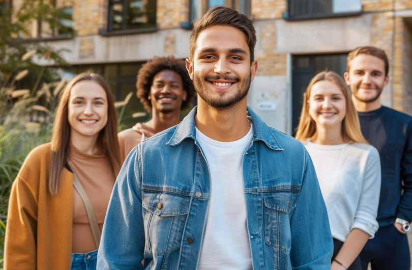 Auf dem Bild sind fünf Personen zu sehen. Sie stehen vor einem Gebäude und lächeln in die Kamera.