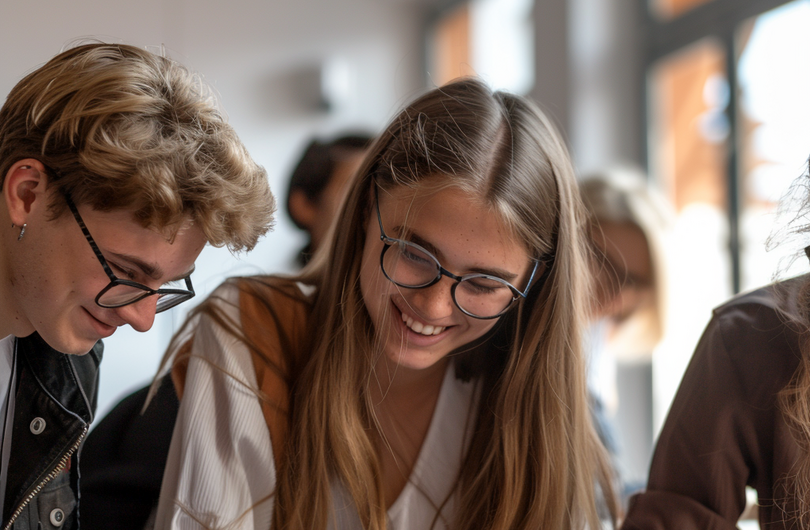 Auf dem Bild sind im Vordergrund eine Schülerin und ein Schüler in einem Klassenraum zu sehen. Sie lächeln, während sie in Richtung ihres Tisches schauen. Im Hintergrund sind weitere Schüler*innen zu erkennen.