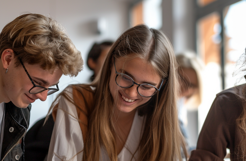 Auf dem Bild sind im Vordergrund eine Schülerin und ein Schüler in einem Klassenraum zu sehen. Sie lächeln, während sie in Richtung ihres Tisches schauen. Im Hintergrund sind weitere Schüler*innen zu erkennen.