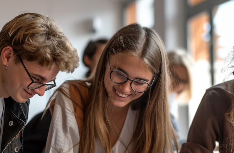 Auf dem Bild sind im Vordergrund eine Schülerin und ein Schüler in einem Klassenraum zu sehen. Sie lächeln, während sie in Richtung ihres Tisches schauen. Im Hintergrund sind weitere Schüler*innen zu erkennen.